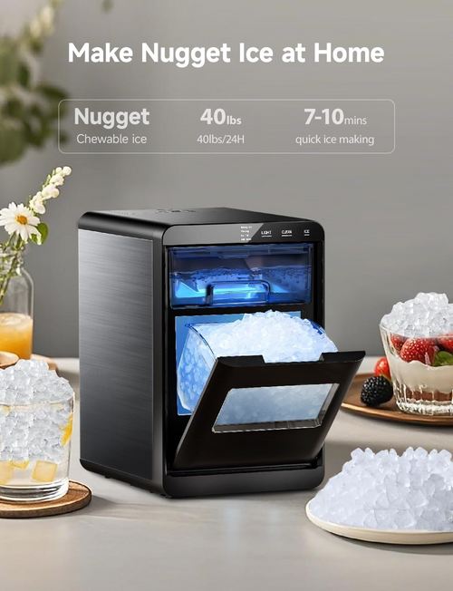 Premium Countertop Nugget Ice Maker, 40Lbs Daily Production, Self-Cleaning Portable Pellet Ice Machine with Ice Scoop & Basket, Compact Pebble Ice Maker for Home Kitchen Office Use