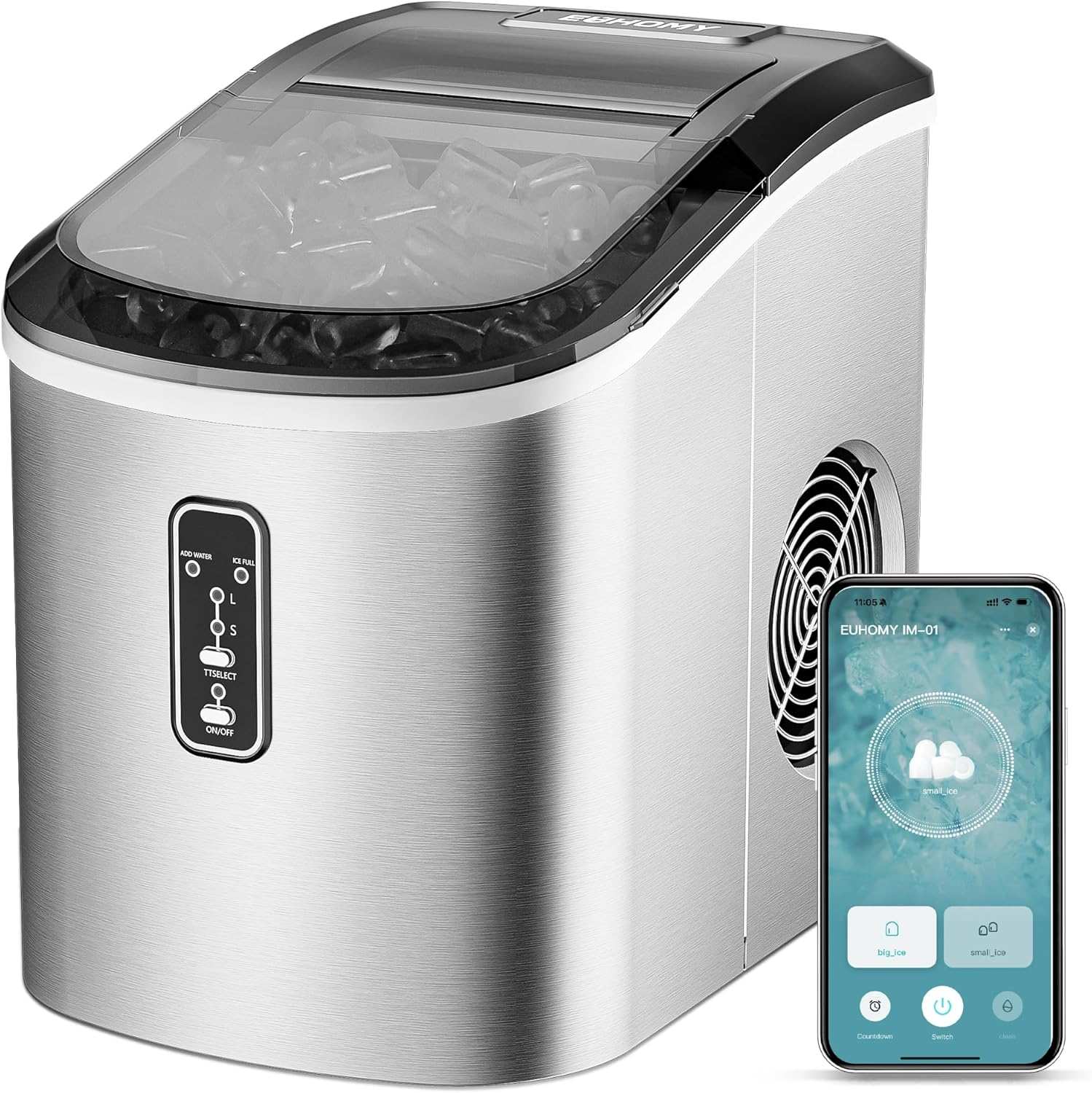Silver Smart Countertop Ice Maker, 26Lbs Daily Ice Output, 9 Ice Cubes Ready in 8 Minutes, Self-Cleaning Portable Ice Machine with Scoop & Basket, Ideal for Home Kitchen Office
