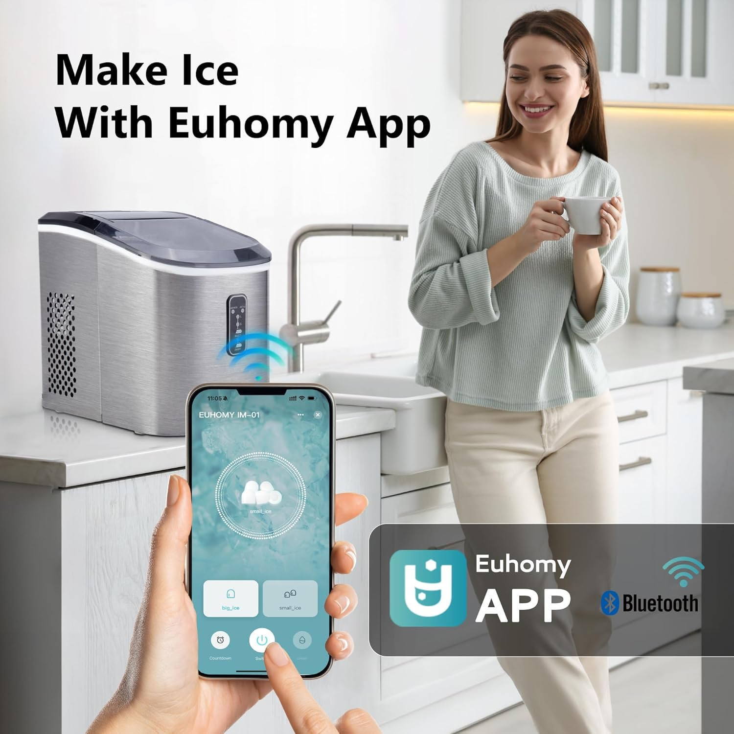 Silver Smart Countertop Ice Maker, 26Lbs Daily Ice Output, 9 Ice Cubes Ready in 8 Minutes, Self-Cleaning Portable Ice Machine with Scoop & Basket, Ideal for Home Kitchen Office