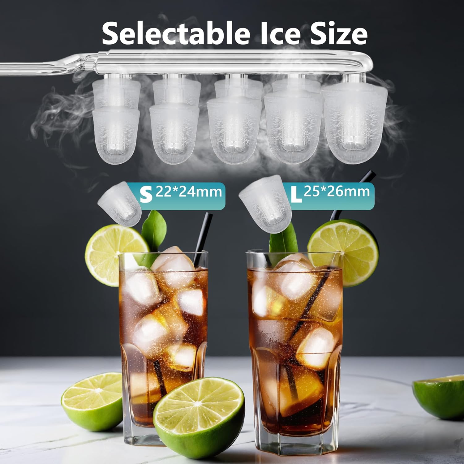 Silver Smart Countertop Ice Maker, 26Lbs Daily Ice Output, 9 Ice Cubes Ready in 8 Minutes, Self-Cleaning Portable Ice Machine with Scoop & Basket, Ideal for Home Kitchen Office