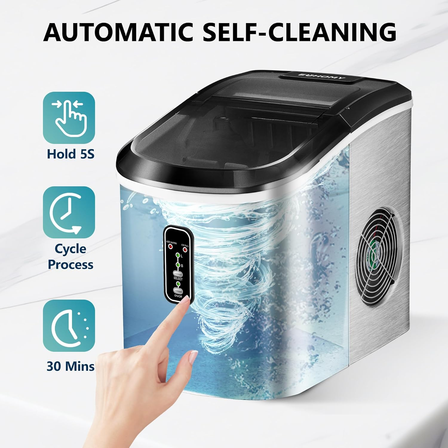 Silver Smart Countertop Ice Maker, 26Lbs Daily Ice Output, 9 Ice Cubes Ready in 8 Minutes, Self-Cleaning Portable Ice Machine with Scoop & Basket, Ideal for Home Kitchen Office