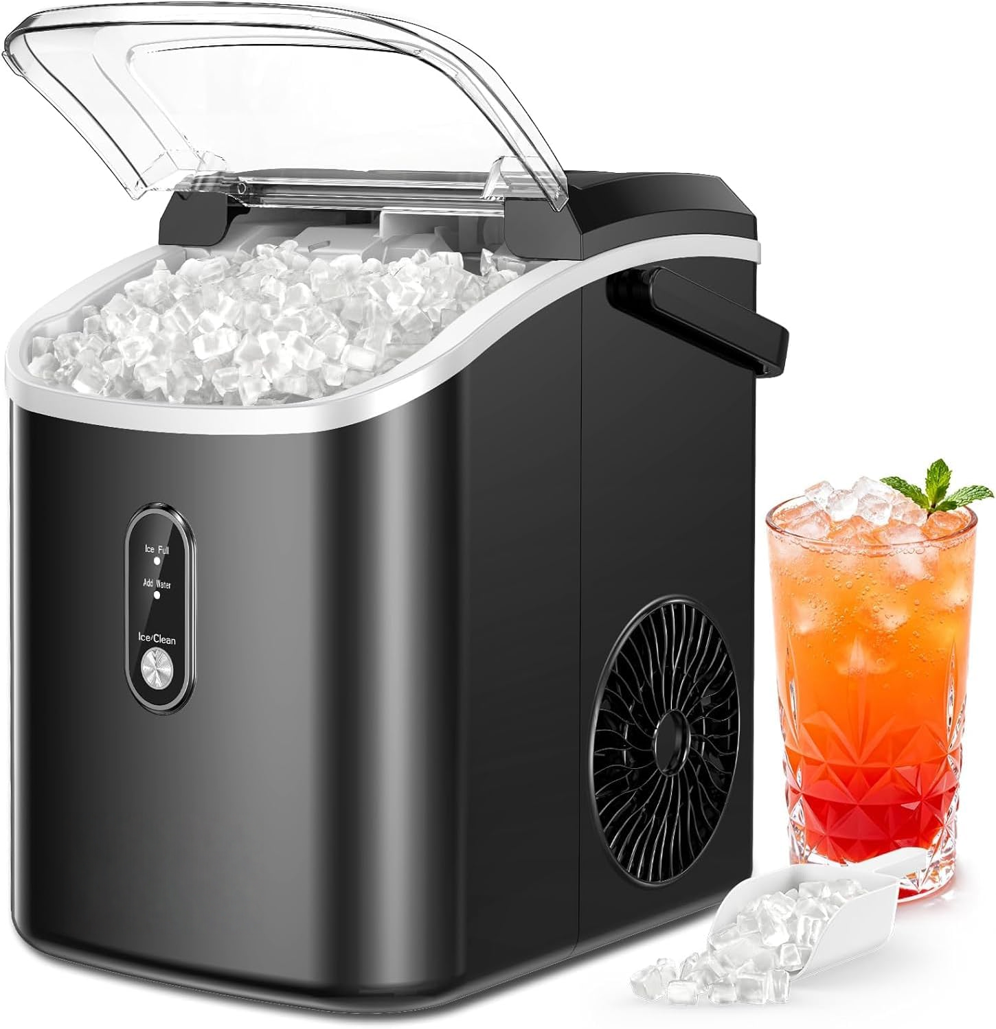 Black Portable Countertop Nugget Ice Maker with Handle, Ice Ready in 6 Minutes, 33Lbs Daily Ice Output, Removable Top Cover, Self-Cleaning Pellet Ice Machine with Basket & Scoop, Ideal for Home Party RV Camping