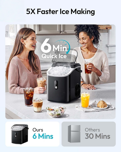 Black Portable Countertop Nugget Ice Maker with Handle, Ice Ready in 6 Minutes, 33Lbs Daily Ice Output, Removable Top Cover, Self-Cleaning Pellet Ice Machine with Basket & Scoop, Ideal for Home Party RV Camping