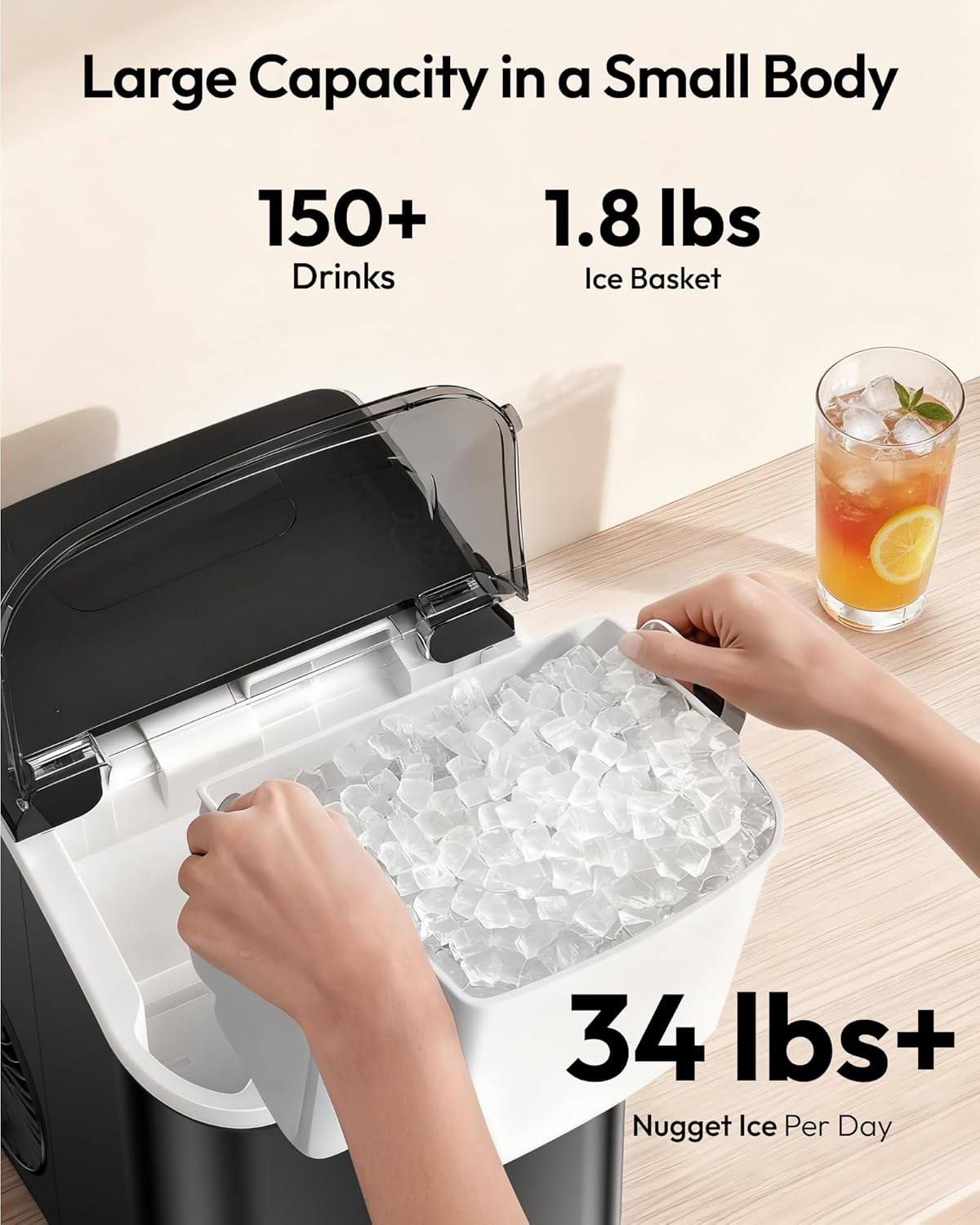 Black Portable Countertop Nugget Ice Maker with Handle, Ice Ready in 6 Minutes, 33Lbs Daily Ice Output, Removable Top Cover, Self-Cleaning Pellet Ice Machine with Basket & Scoop, Ideal for Home Party RV Camping