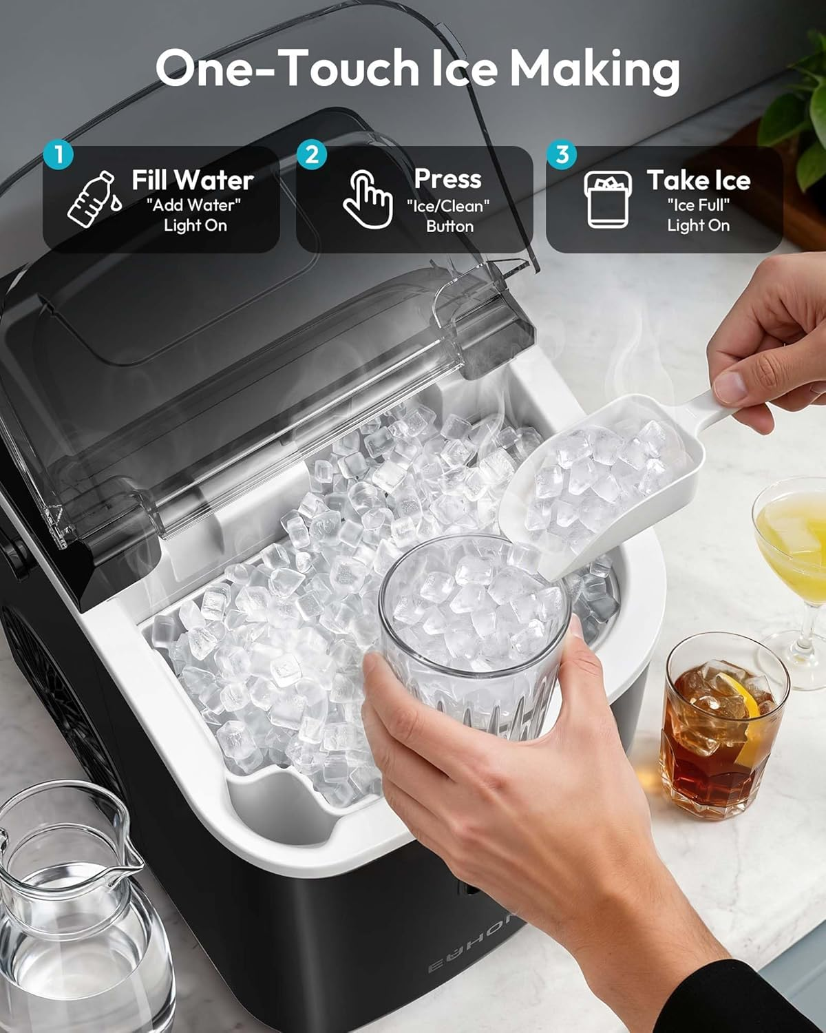 Black Portable Countertop Nugget Ice Maker with Handle, Ice Ready in 6 Minutes, 33Lbs Daily Ice Output, Removable Top Cover, Self-Cleaning Pellet Ice Machine with Basket & Scoop, Ideal for Home Party RV Camping