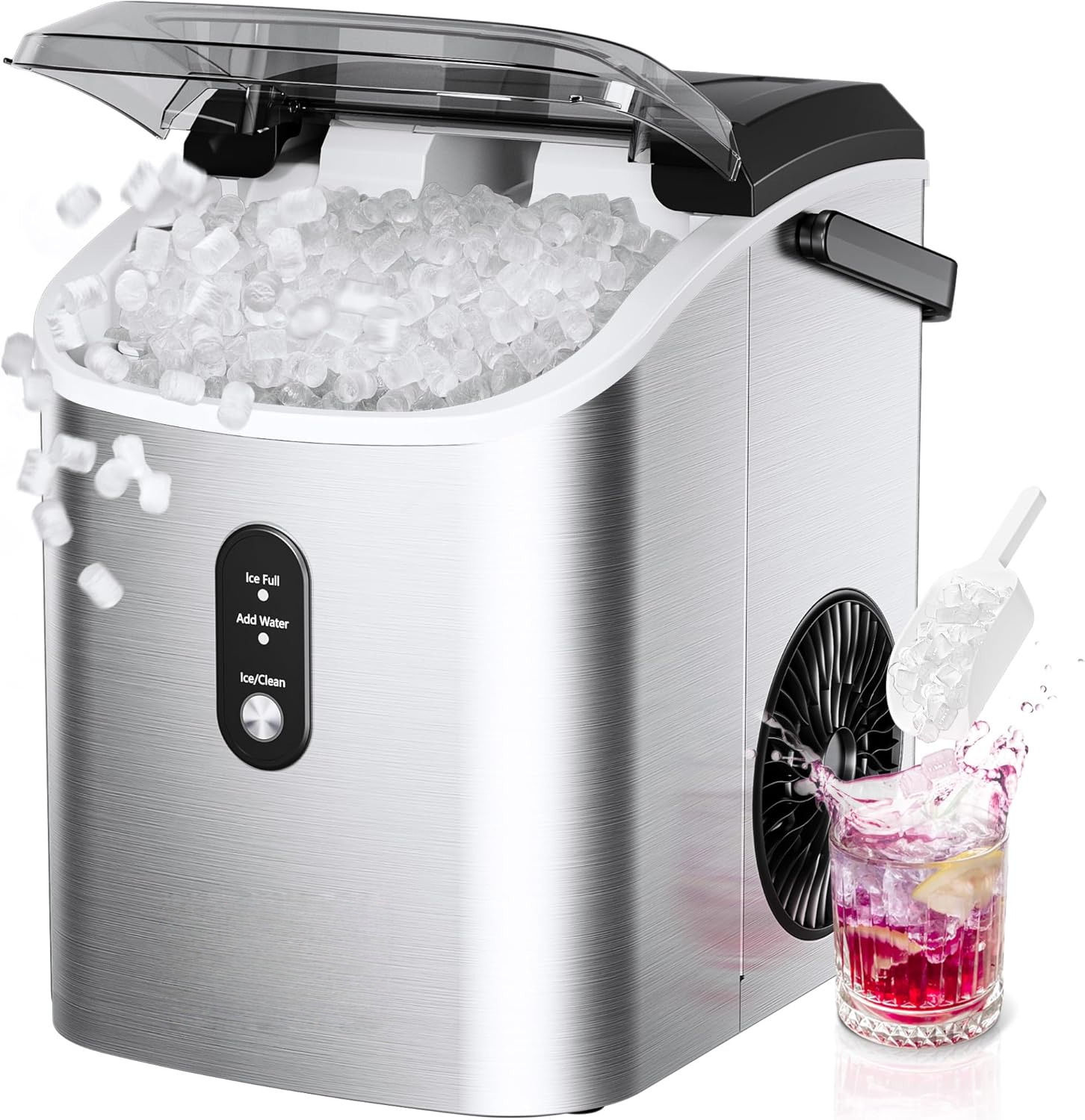 Silver Portable Countertop Nugget Ice Maker with Handle, Ice Ready in 6 Minutes, 34Lbs Daily Production, Removable Top Cover, Auto-Cleaning Pellet Ice Machine with Basket & Scoop, Suitable for Home Party RV Camping