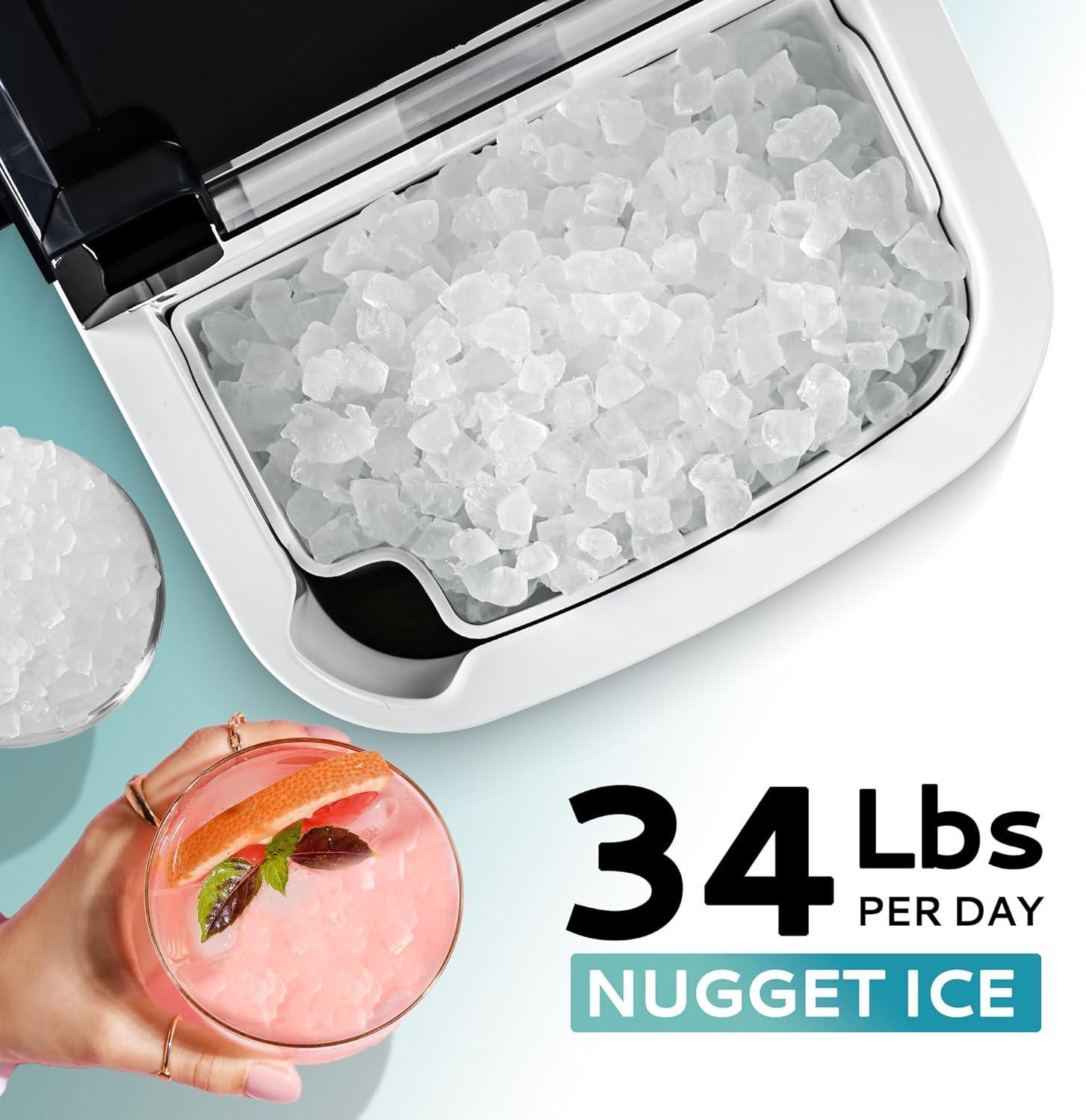Silver Portable Countertop Nugget Ice Maker with Handle, Ice Ready in 6 Minutes, 34Lbs Daily Production, Removable Top Cover, Auto-Cleaning Pellet Ice Machine with Basket & Scoop, Suitable for Home Party RV Camping