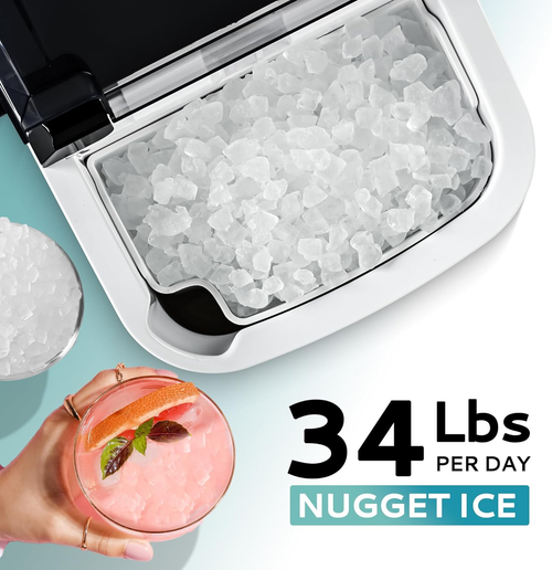 Silver Portable Countertop Nugget Ice Maker with Handle, Ice Ready in 6 Minutes, 34Lbs Daily Production, Removable Top Cover, Auto-Cleaning Pellet Ice Machine with Basket & Scoop, Suitable for Home Party RV Camping