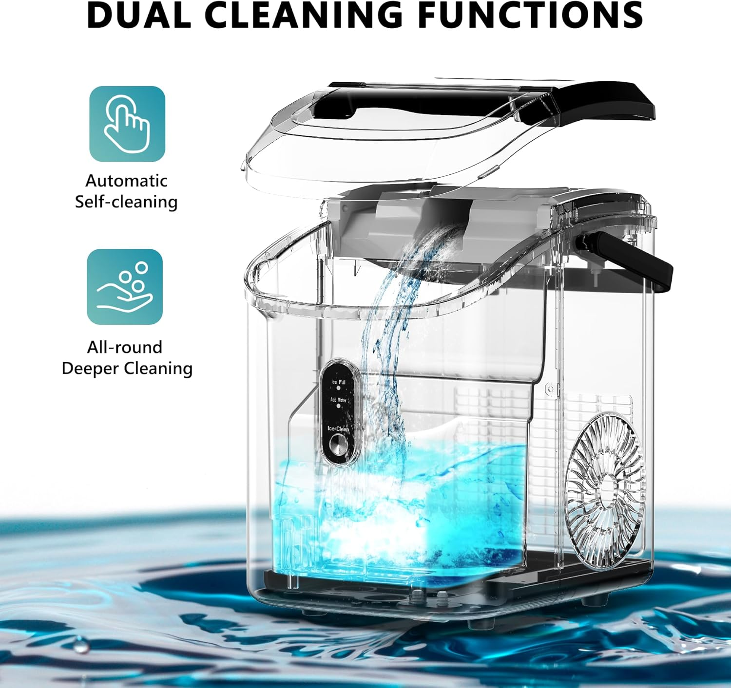 Silver Portable Countertop Nugget Ice Maker with Handle, Ice Ready in 6 Minutes, 34Lbs Daily Production, Removable Top Cover, Auto-Cleaning Pellet Ice Machine with Basket & Scoop, Suitable for Home Party RV Camping
