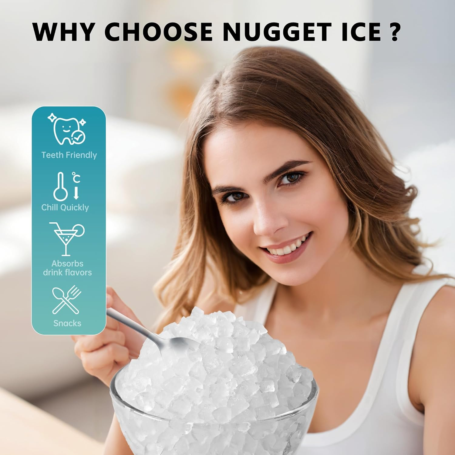 Silver Portable Countertop Nugget Ice Maker with Handle, Ice Ready in 6 Minutes, 34Lbs Daily Production, Removable Top Cover, Auto-Cleaning Pellet Ice Machine with Basket & Scoop, Suitable for Home Party RV Camping