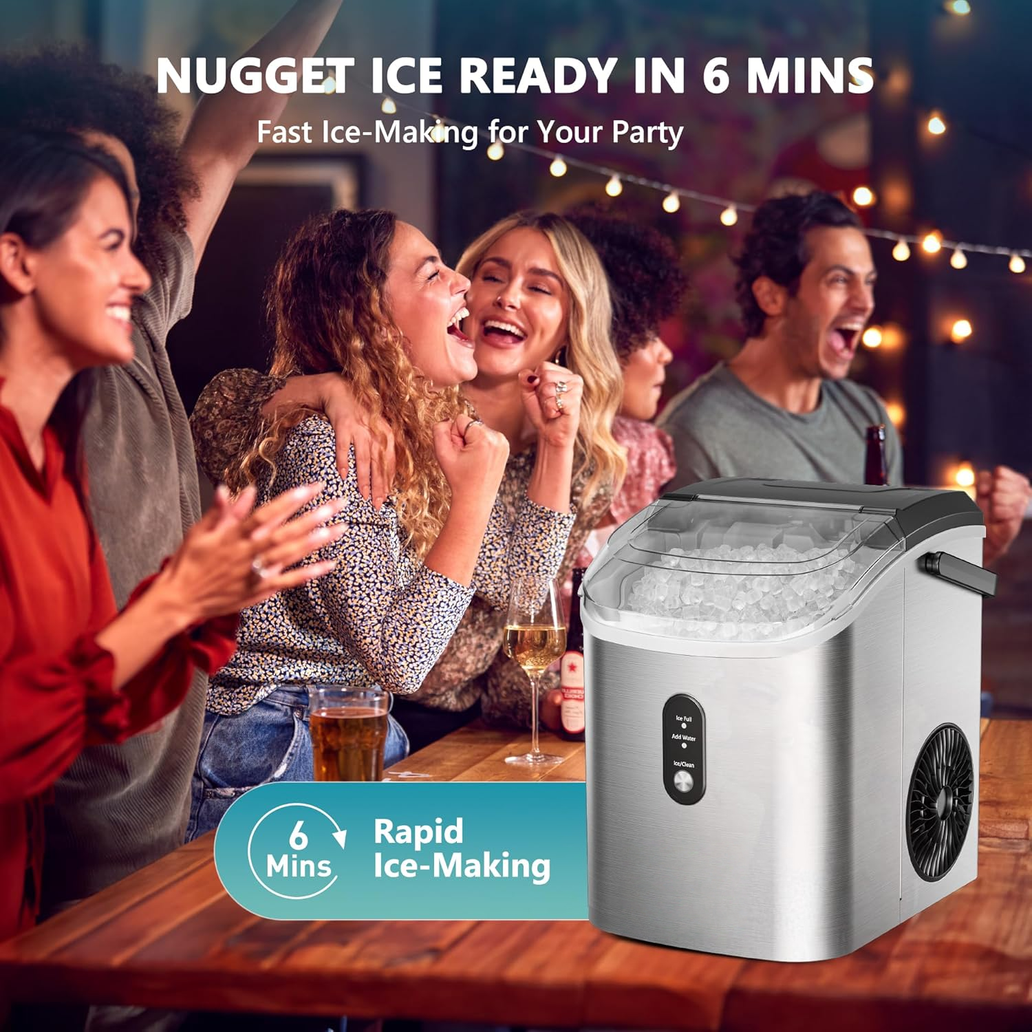 Silver Portable Countertop Nugget Ice Maker with Handle, Ice Ready in 6 Minutes, 34Lbs Daily Production, Removable Top Cover, Auto-Cleaning Pellet Ice Machine with Basket & Scoop, Suitable for Home Party RV Camping
