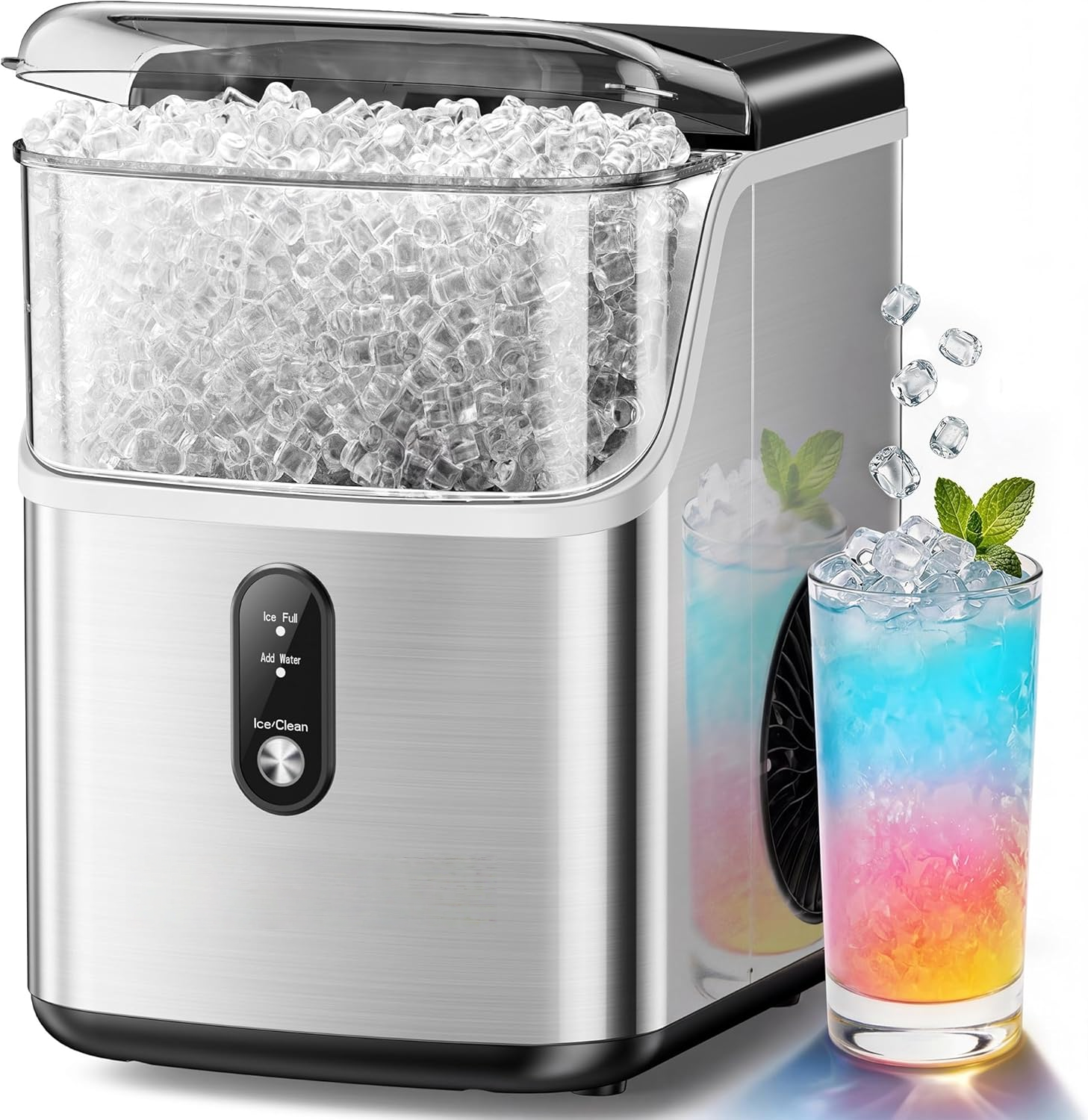 Stainless Steel Countertop Nugget Ice Maker, Ready in 7 Minutes, 35Lbs Daily Output, Self-Cleaning Pellet Ice Machine with Ice Scoop and Basket, Portable Pebble Ice Maker for Household Use