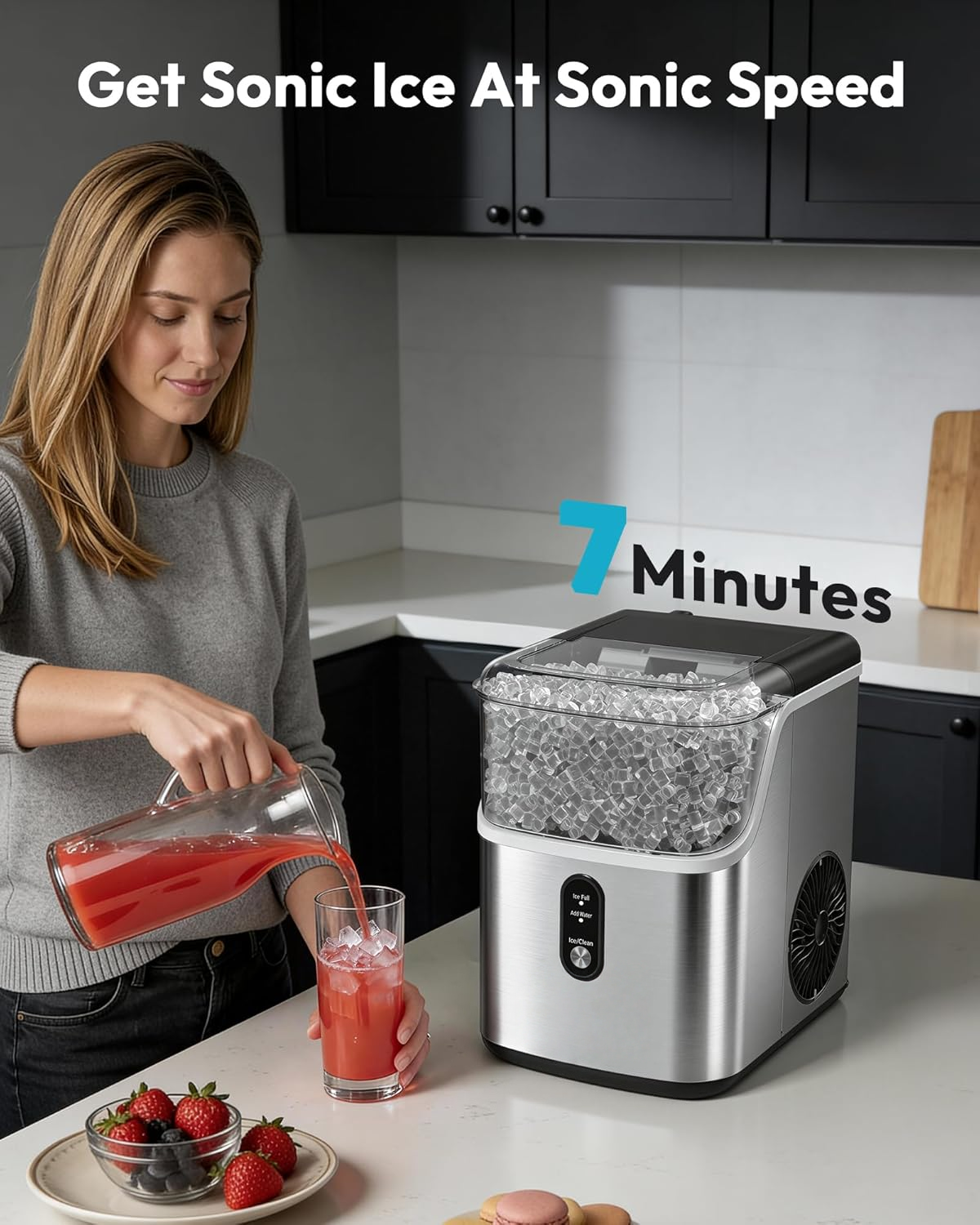 Stainless Steel Countertop Nugget Ice Maker, Ready in 7 Minutes, 35Lbs Daily Output, Self-Cleaning Pellet Ice Machine with Ice Scoop and Basket, Portable Pebble Ice Maker for Household Use