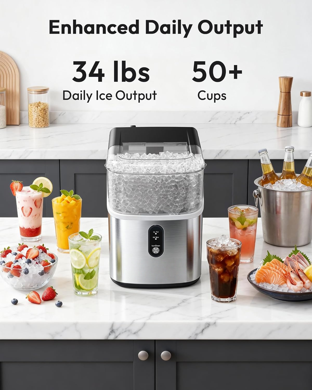 Stainless Steel Countertop Nugget Ice Maker, Ready in 7 Minutes, 35Lbs Daily Output, Self-Cleaning Pellet Ice Machine with Ice Scoop and Basket, Portable Pebble Ice Maker for Household Use