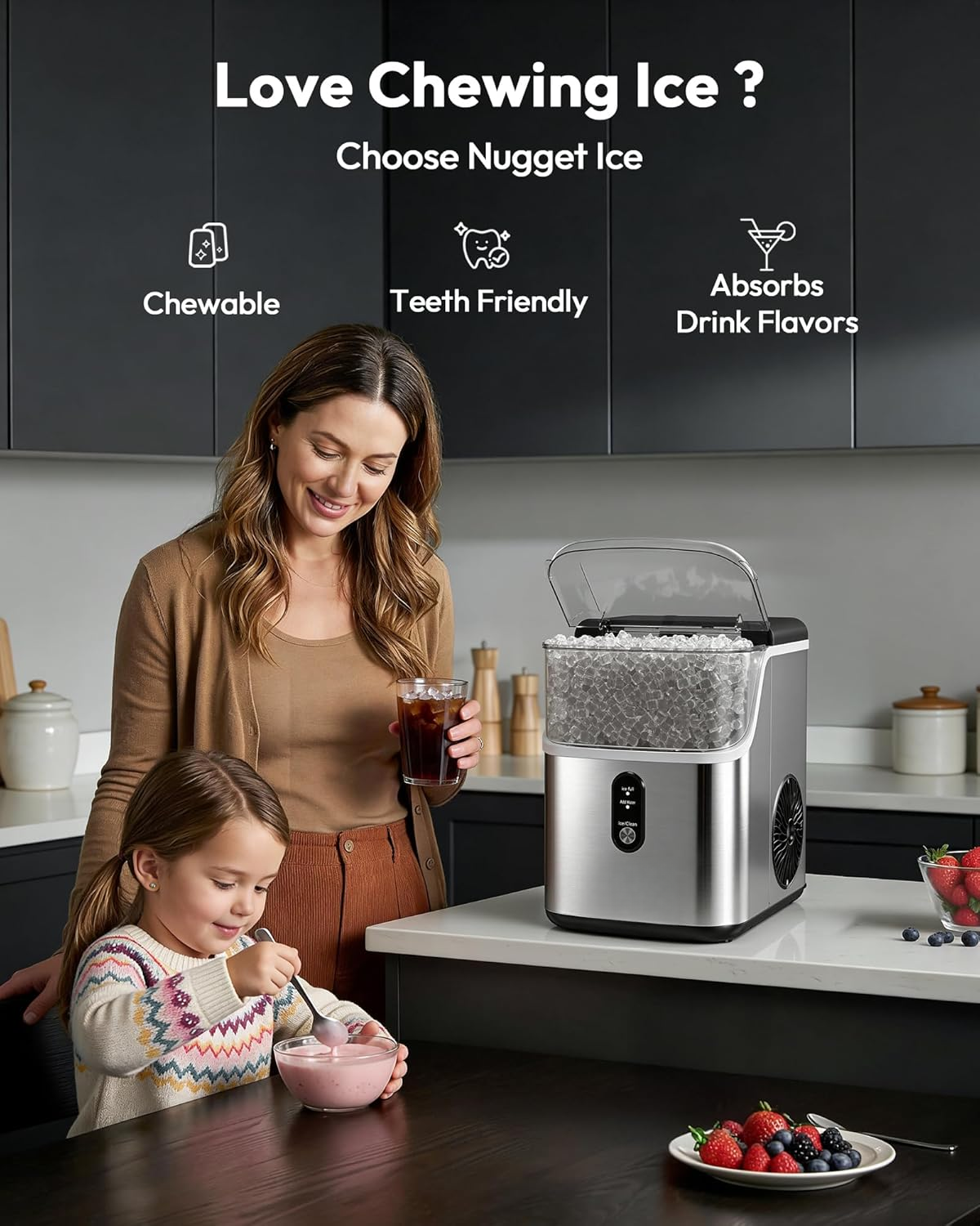 Stainless Steel Countertop Nugget Ice Maker, Ready in 7 Minutes, 35Lbs Daily Output, Self-Cleaning Pellet Ice Machine with Ice Scoop and Basket, Portable Pebble Ice Maker for Household Use