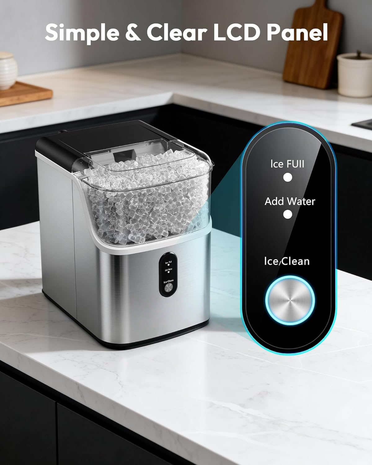Stainless Steel Countertop Nugget Ice Maker, Ready in 7 Minutes, 35Lbs Daily Output, Self-Cleaning Pellet Ice Machine with Ice Scoop and Basket, Portable Pebble Ice Maker for Household Use