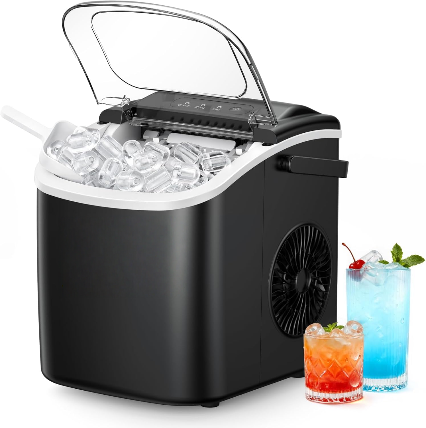 Black Portable Countertop Ice Maker with Handle, 26Lbs Daily Ice Yield, 9 Cubes Ready in 6 Minutes, Auto-Cleaning Ice Machine with Basket & Scoop, Great for Home Kitchen Camping RV