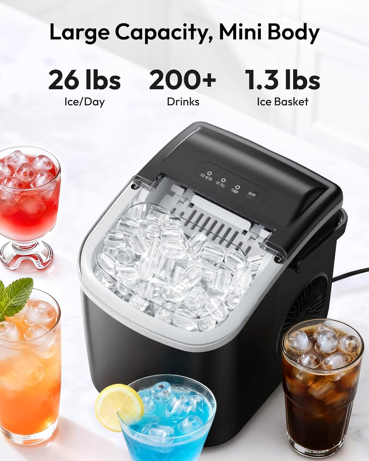Black Portable Countertop Ice Maker with Handle, 26Lbs Daily Ice Yield, 9 Cubes Ready in 6 Minutes, Auto-Cleaning Ice Machine with Basket & Scoop, Great for Home Kitchen Camping RV