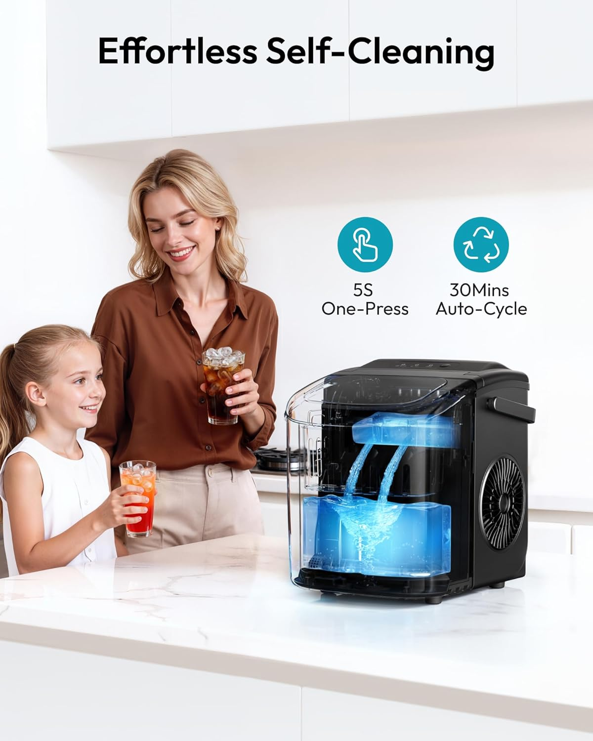 Black Portable Countertop Ice Maker with Handle, 26Lbs Daily Ice Yield, 9 Cubes Ready in 6 Minutes, Auto-Cleaning Ice Machine with Basket & Scoop, Great for Home Kitchen Camping RV